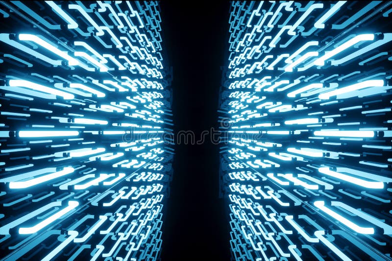 3D renderingu odcień Iluminował korytarz z błękitnym neonowym światłem Elegancki futurystyczny neonowy światło na ścianie royalty ilustracja