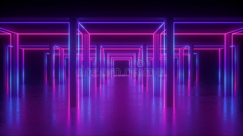3d renderización abstracta de fondo geométrico de neón líneas de forma cúbica resplandecientes en el cuadro de concepto de hipercu libre illustration
