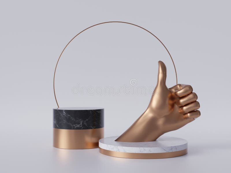 3d render, golden hand thumb up, like gesture, black marble pedestal isolated on white background, best quality concept, gold round frame, blank cylinder podium, simple design, luxury minimal mockup. 3d render, golden hand thumb up, like gesture, black marble pedestal isolated on white background, best quality concept, gold round frame, blank cylinder podium, simple design, luxury minimal mockup