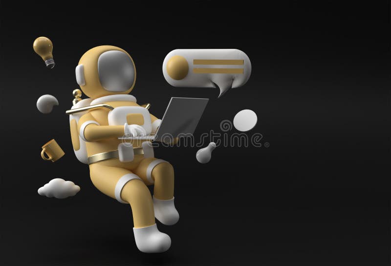 3d renderizar astronauta em espaçador trabalhando no design de ilustração 3d de laptop