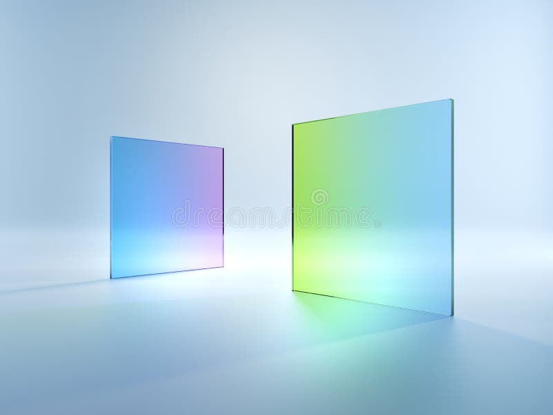3d renderizar formas geométricas simples abstratas isoladas em fundo branco. vidro plano quadrado com gradiente verde violeta azul