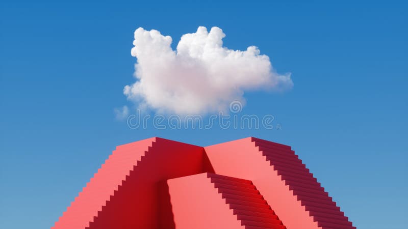 3d render, red pyramid pedestal with stairs under the blue sky with white clouds. Abstract fantasy cloudscape on a sunny day. Minimal surreal dream concept. 3d render, red pyramid pedestal with stairs under the blue sky with white clouds. Abstract fantasy cloudscape on a sunny day. Minimal surreal dream concept.