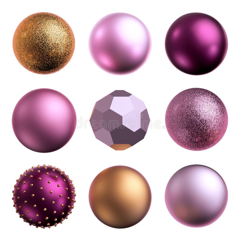 3d renderização, cortados bolas metálicas cor-de-rosa douradas, objetos isolados sobre fundo branco Esferas de vidro de ano novo