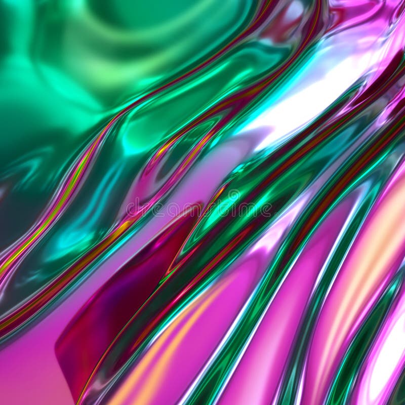 3d renderização, textura líquida abstrata, fundo de vidro, folha holográfica colorida de tendência, cor verde-rosa-néon, design g