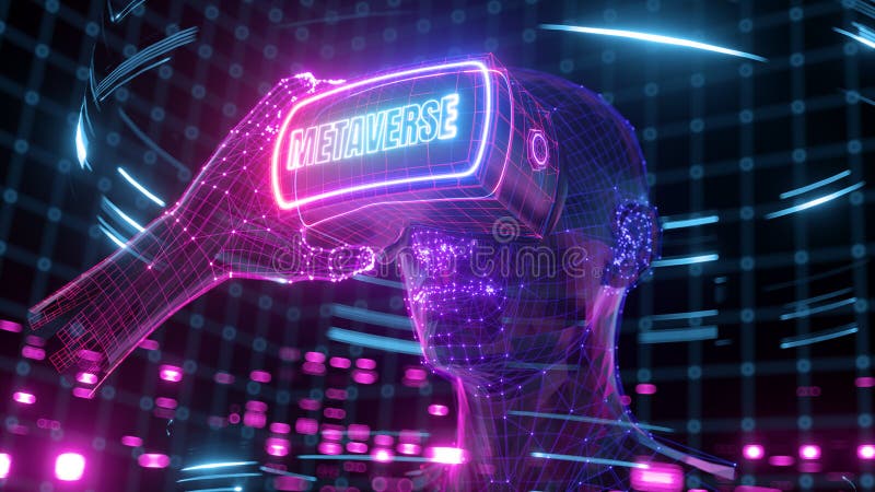 3D rendern futuristischen Neonuntergrund. Visualisierung eines Mannes mit elektronischem Kopfgerät mit virtueller Realität. Benutz lizenzfreie abbildung