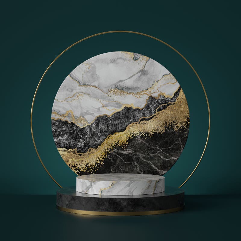 3d renderowanie, abstrakcyjne zielone tło z czarno-białą teksturą marmurową, folia złota Piedestał cylindra, podium, stojak na pr ilustracji