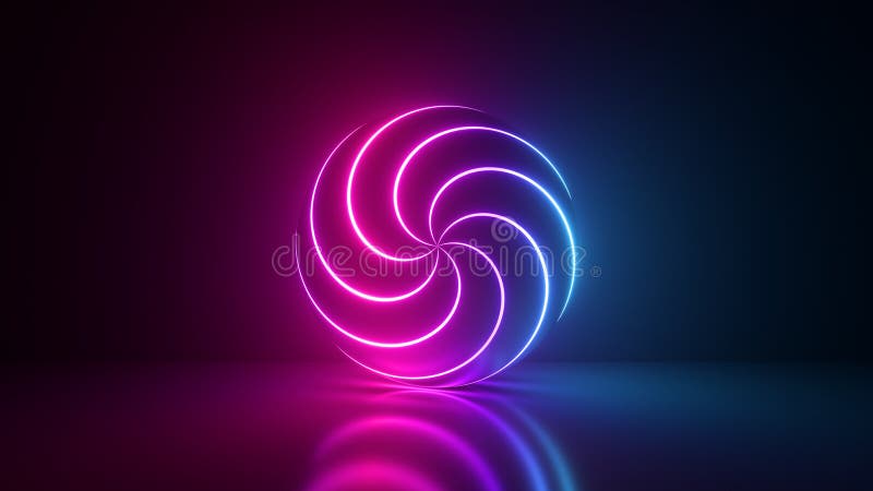 3d renderowanie abstrakcyjnego niebieskiego tła z połyskującymi pokręconymi liniami neonowymi na powierzchni kuli. energia futurys royalty ilustracja