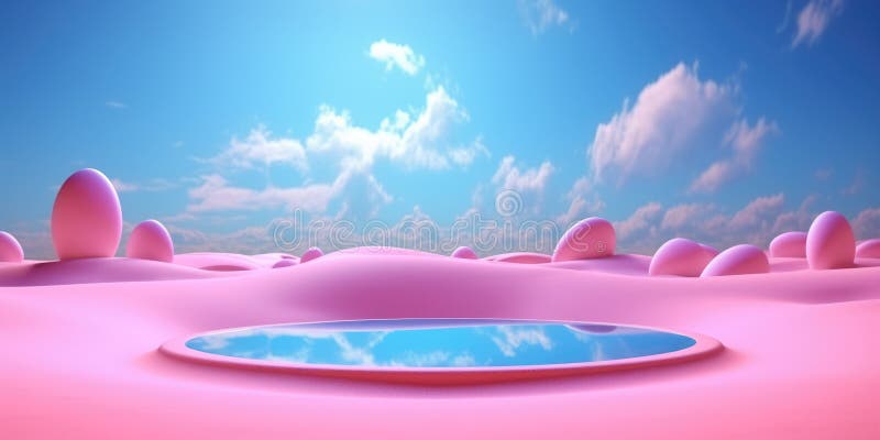 3d renderowanie abstrakcyjnego tła fantasy. fantastyczny krajobraz. niebieskie niebo białe fluffy chmury neonowe okrągłe ramy spokojnej wody różowe wydmy piaskowe. wygenerowano wirtualny raj rzeczywistości