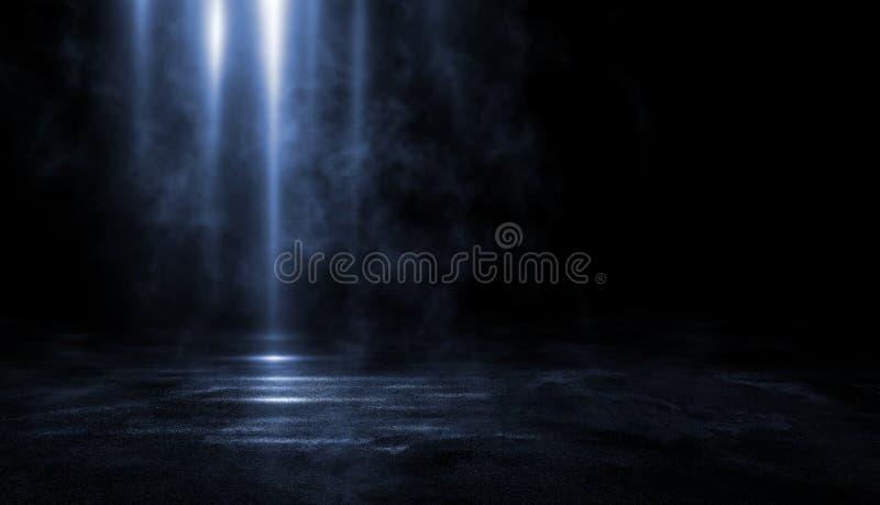 3D renderowanie abstrakcyjnej ciemnej pustej sceny, niebieskie neonowe światło reflektora, mokry asfalt, dym, widok nocny, promie royalty ilustracja