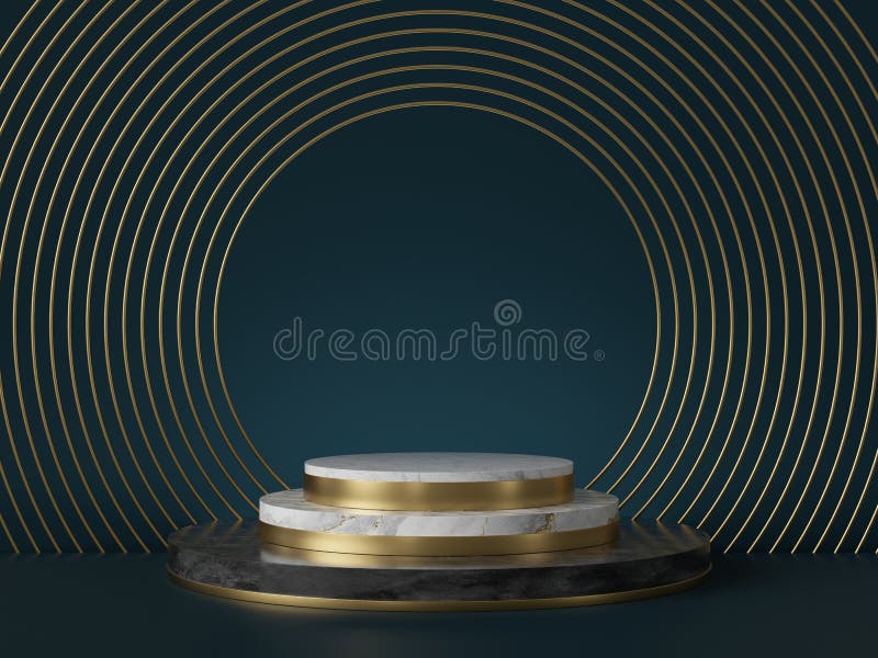 3d renderowanie abstrakcyjnej sztuki deco green tło wokół złotych pustych ramek tekstury marmurowej. kroczki cylindra podium royalty ilustracja