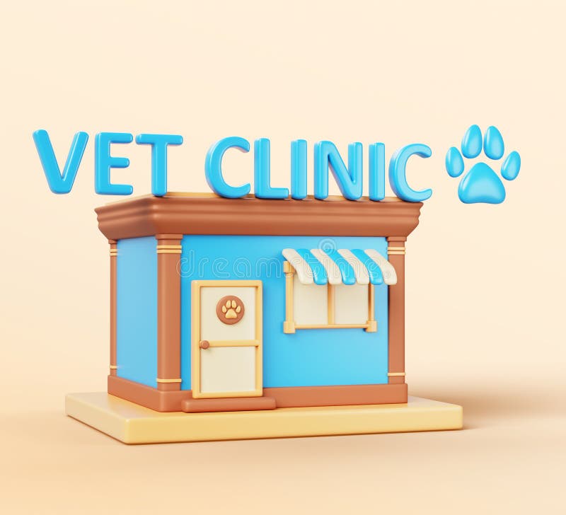 3d renderowanie fasady budynku kliniki weterynaryjnej. zewnętrzne biuro karykatury weterynaryjnej szpitala zwierzęcego. leczenie royalty ilustracja