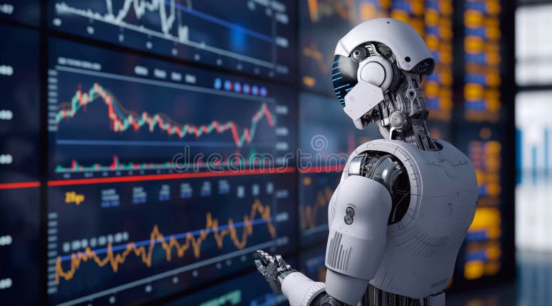 3d renderowanie humanoidalnego robota analizującego mapę giełdową z wykresami handlowymi. koncepcja royalty ilustracja