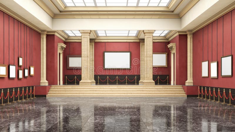 3d renderowanie klasycznej galerii ozdobionej kolorem czerwonym czarną marmurkową podłogą. royalty ilustracja