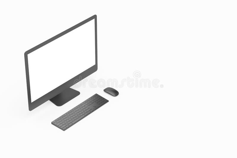 3d rendering, view of computer set with blank monitor screen mock up and keyboard and mobile phone, isolated on white background. 3d rendering, view of computer set with blank monitor screen mock up and keyboard and mobile phone, isolated on white background