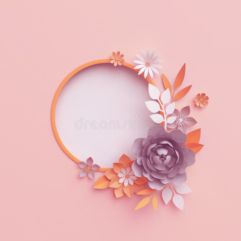 3d renderowanie, kwiaty papieru spadającego, okrągła ramka botaniczna, różowe tło pastelowe, jesienne wieniec kwiatowy, wystrój ś ilustracja wektor