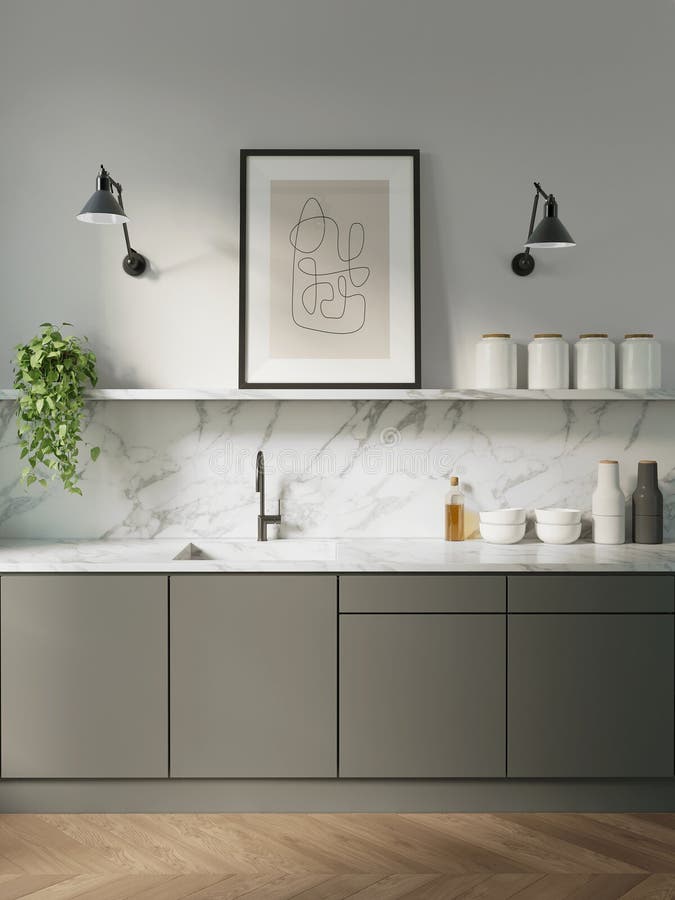 3d renderowanie minimalistycznej kuchni z szarymi szafkami i białym marmurowym bokiem royalty ilustracja