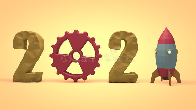 3d renderowanie nowych lat data 2021. bieg ze znakiem promieniowania zamiast zera. rakieta kosmiczna podczas startu zamiast jedna. ilustracja w stylu pustym. koncepcja kosmicznej przyszłości