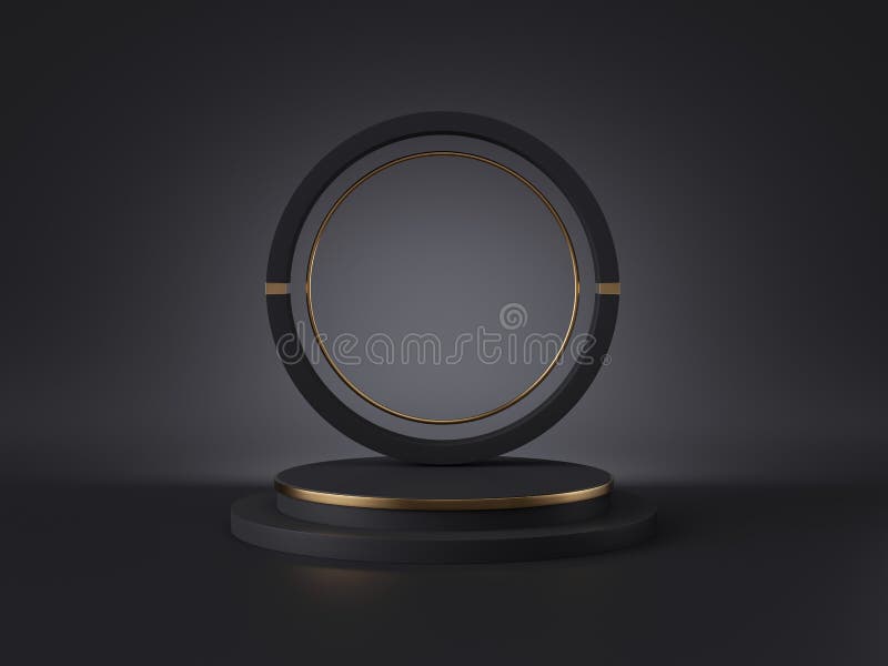 3d renderowanie pedestału izolowanego na czarnym tle okrągłym złotym stożkiem okrągłym stopnie cylindra. podium ślepe. abstrakcyjn royalty ilustracja