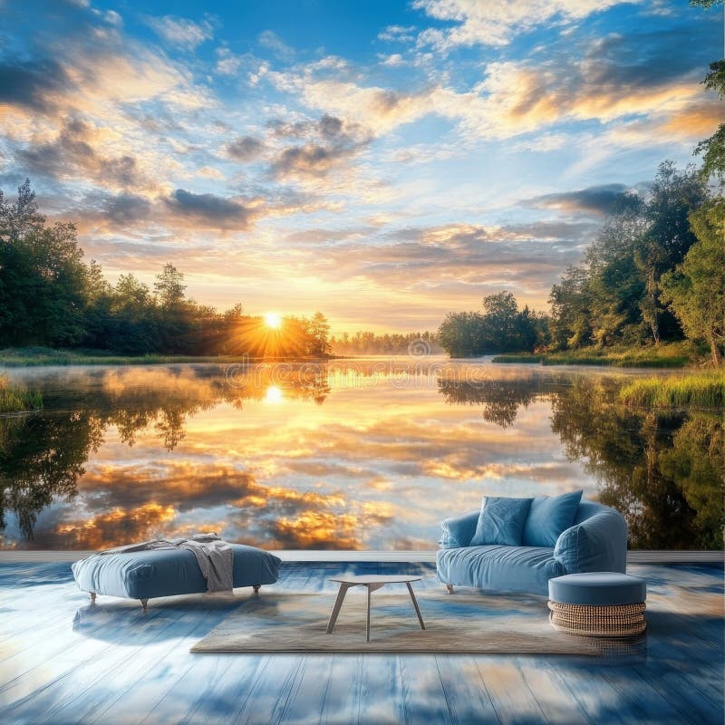 3D renderowanie pięknego krajobrazu z jeziorem i sofą ilustracji
