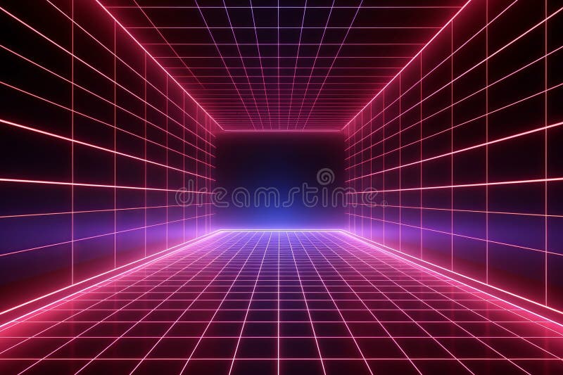 3d renderowanie pustego wirtualnego pokoju błyszczącego z fioletowym czerwonym 3d renderowaniem pustej wirtualnej przestrzeni cybe ilustracja wektor