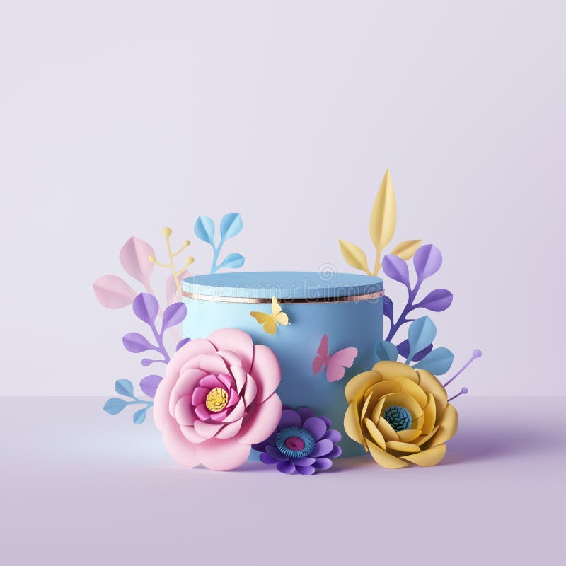 3d renderowanie stożkowego cylindra tła botanicznego ozdobionego różowo-żółtym papierowym kwiatami ślepych kosmetyków sklep stoisk ilustracja wektor