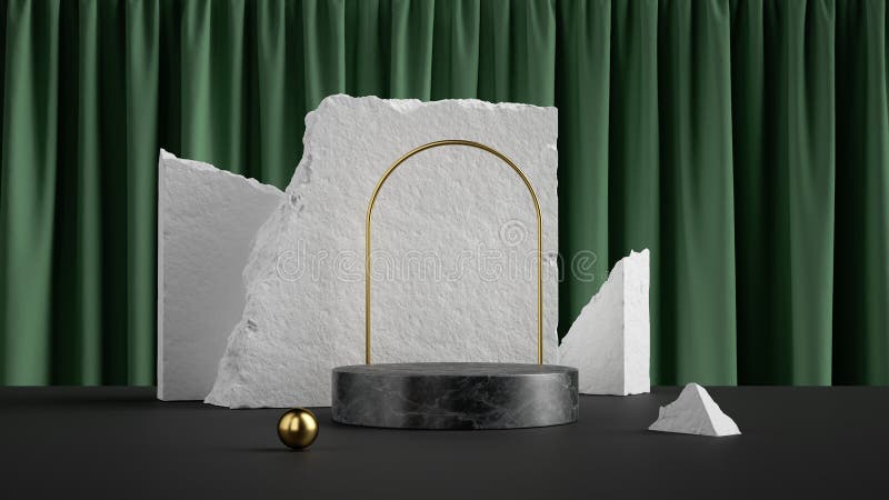 3d renderować abstrakcyjne tło z zieloną, aksamitną kurtyną czarną marmurą podium złota łuka i ruiny z białego kamienia. nowoczesn ilustracja wektor