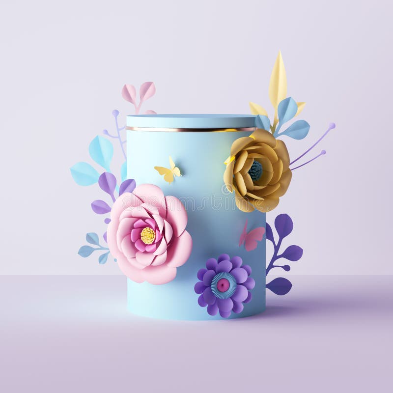 3d renderować stożkowy cylinder w tle botanicznym ozdobiony różowo-żółtym papierowym kwiatami pudełko na prezent makijaż z pustych royalty ilustracja