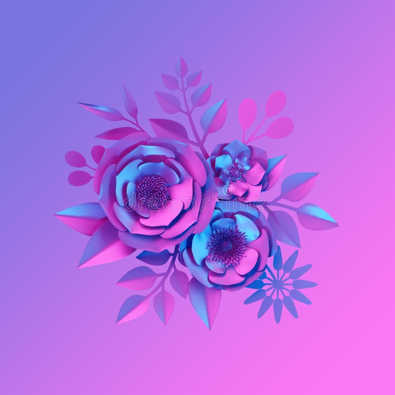 3d renderuj różowy niebieski neon papier kwiaty kwiaty projekt kwiaty holograficzny botaniczny tło ultrafioletowe widmo ultrafiole