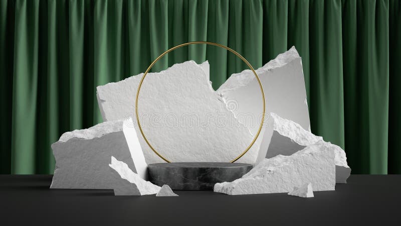 3d renderuje abstrakcyjne tło z połamanymi białymi skałami marmurowymi i złotą okrągłą ramą przed zielonym aksamitem royalty ilustracja
