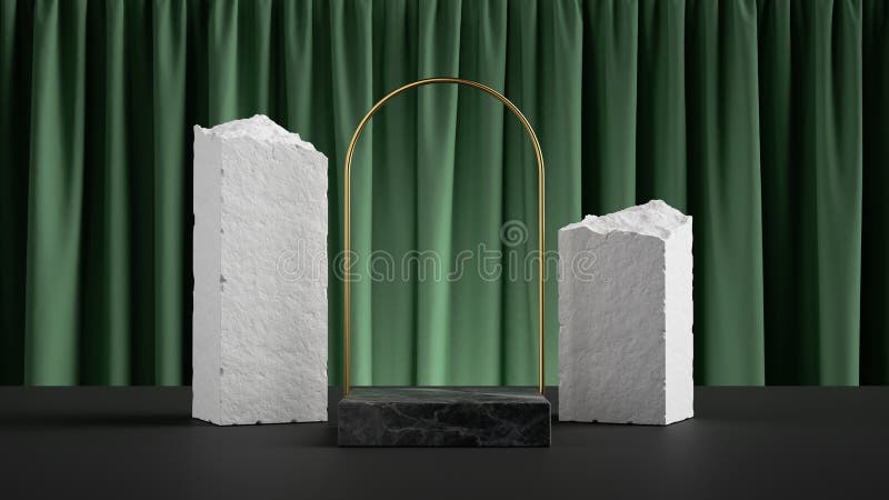 3d renderuje abstrakcyjne tło z rozbitymi białymi blokami z czarnego marmuru platformy i złotego łuku przed zielonym akletem ilustracja wektor