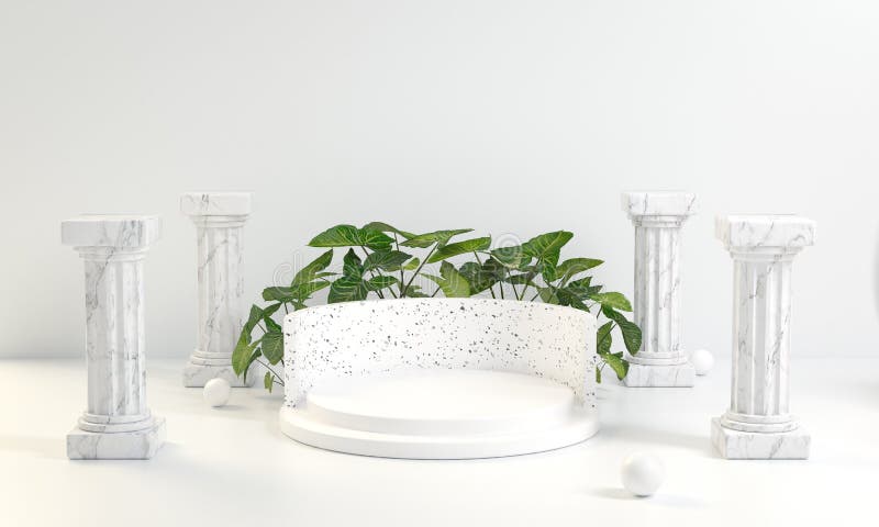 3d renderuje białą platformę z marmurowymi słupami i roślinami tła 3d ilustracja royalty ilustracja
