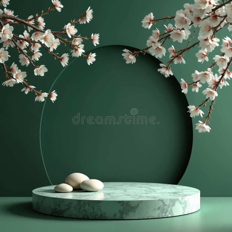 3d renderuje marmurowe gałęzie wiśni ciemnozielone tło. Kamienie Zen wyświetlane. Estetyka miniaturowa. Produkt ilustracja wektor