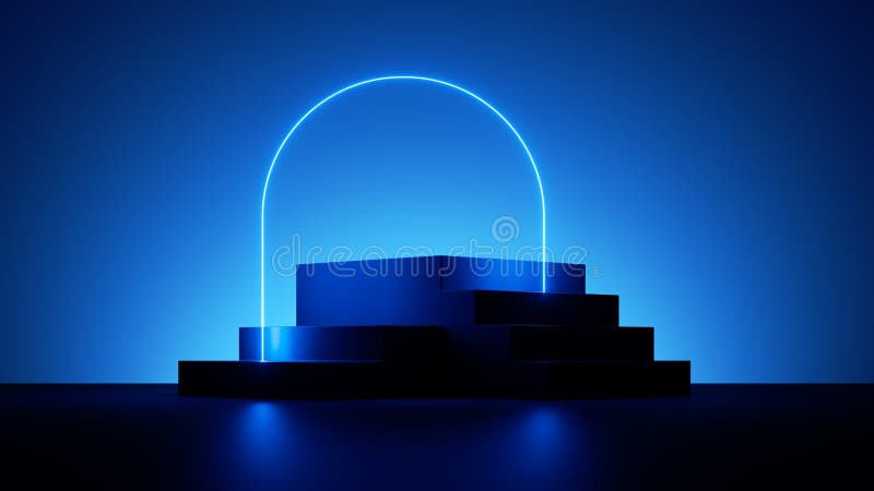 3d renderuje niebieskie neonowe tło abstrakcyjnymi kształtami geometrycznymi i okrągłym łukiem błyszczącym niebieskim neonem. nowo ilustracja wektor