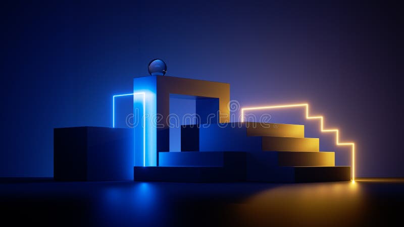 3d renderuje niebieskie tło abstrakcyjnymi kształtami geometrycznymi błyszczącymi żółtym światłem neonowym. nowoczesna miniaturowa ilustracja wektor