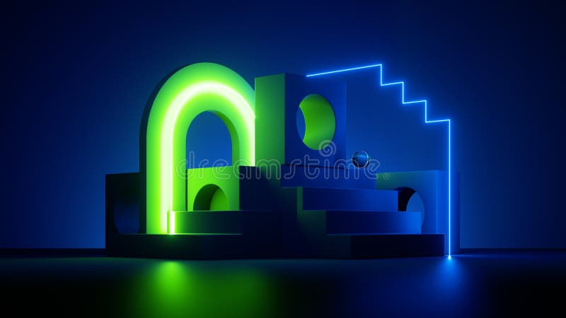 3d renderuje niebieskie tło abstrakcyjnymi kształtami geometrycznymi świecącymi światłem neonowym. nowoczesna scena minimalnej pre ilustracji