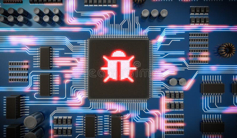 3D rendeu a ilustração do malware ou do vírus dentro do microchip no circuito eletrônico Segurança do Internet ilustração do vetor 3D rendeu a ilustração do malware ou do vírus dentro do microchip no circuito eletrônico Segurança do Internet ilustração do vetor