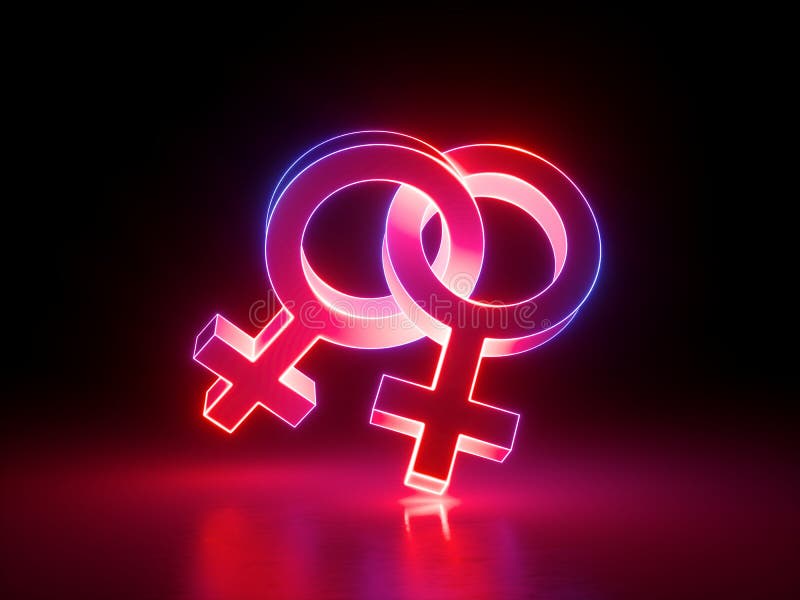 3d rendono, coppie omosessuali, simboli lesbici e collegati di genere, luce rosa-rosso, retro segno d'ardore al neon isolato su f