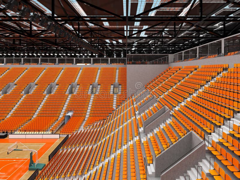 3D render of beautiful sports arena for basketball with floodlights and orange seats and VIP boxes for ten thousand people. 3D render of beautiful sports arena for basketball with floodlights and orange seats and VIP boxes for ten thousand people
