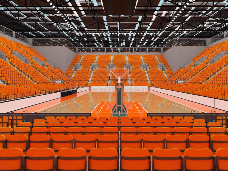 3D render of beautiful sports arena for basketball with floodlights and orange seats and VIP boxes for ten thousand people. 3D render of beautiful sports arena for basketball with floodlights and orange seats and VIP boxes for ten thousand people