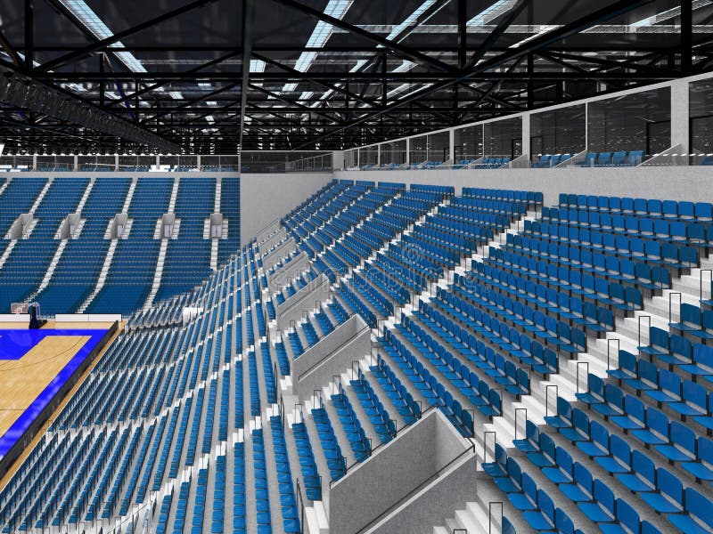 3D render of beautiful sports arena for basketball with floodlights and blue seats and VIP boxes for ten thousand people. 3D render of beautiful sports arena for basketball with floodlights and blue seats and VIP boxes for ten thousand people