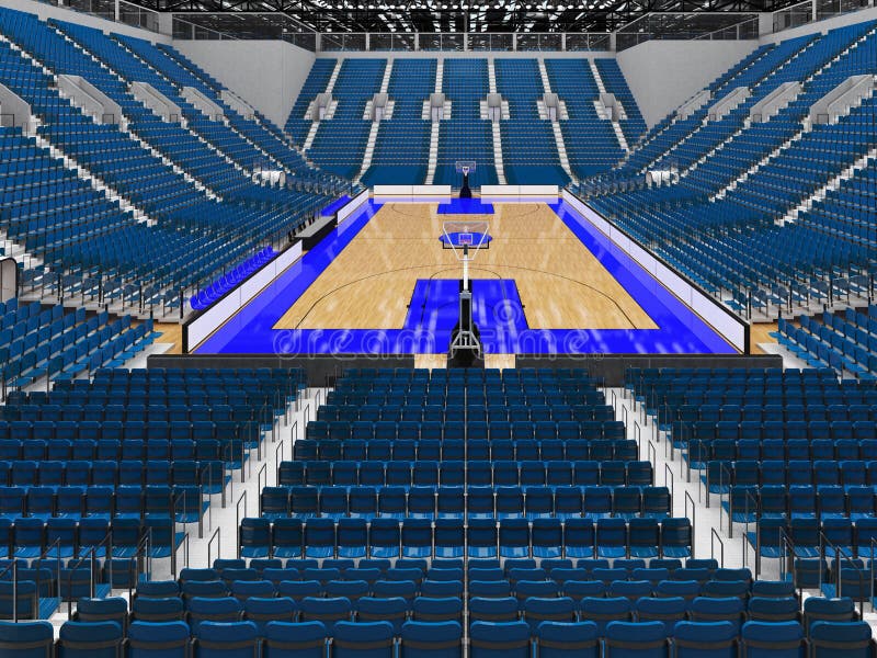 3D render of beautiful sports arena for basketball with floodlights and blue seats and VIP boxes for ten thousand people. 3D render of beautiful sports arena for basketball with floodlights and blue seats and VIP boxes for ten thousand people