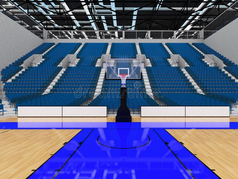 3D render of beautiful sports arena for basketball with floodlights and blue seats and VIP boxes for ten thousand people. 3D render of beautiful sports arena for basketball with floodlights and blue seats and VIP boxes for ten thousand people