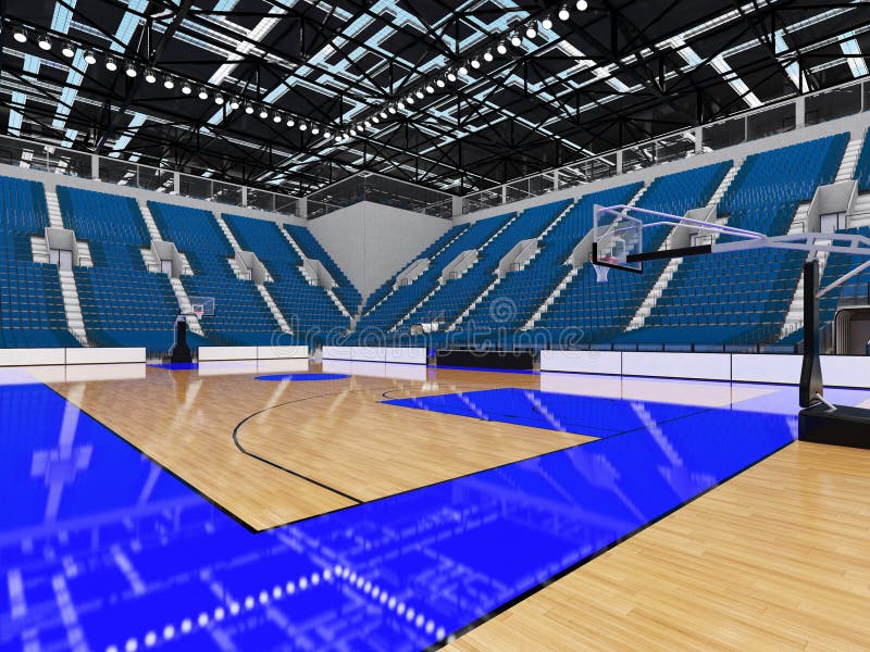 3D render of beautiful sports arena for basketball with floodlights and blue seats and VIP boxes for ten thousand people. 3D render of beautiful sports arena for basketball with floodlights and blue seats and VIP boxes for ten thousand people