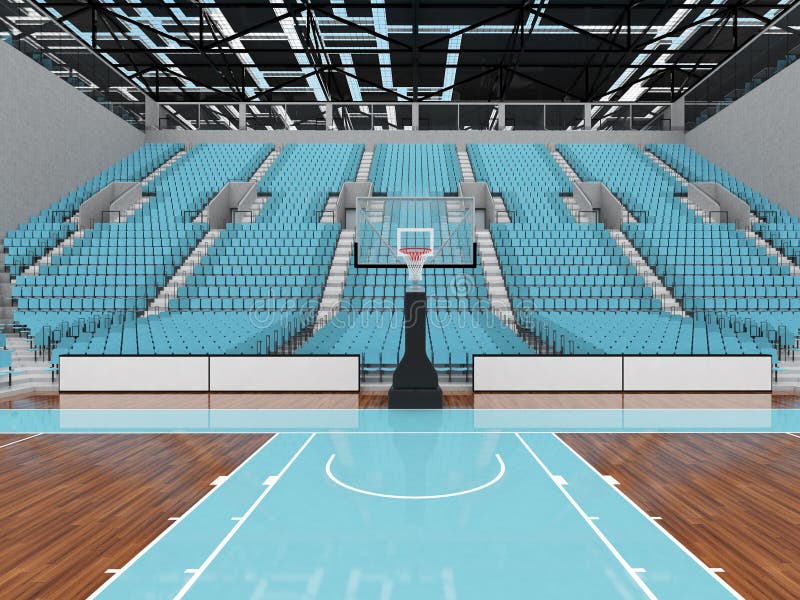 3D render of beautiful sports arena for basketball with floodlights and sky blue seats and VIP boxes for ten thousand people. 3D render of beautiful sports arena for basketball with floodlights and sky blue seats and VIP boxes for ten thousand people