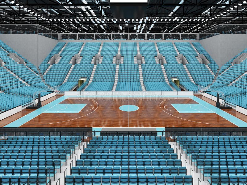 3D render of beautiful sports arena for basketball with floodlights and sky blue seats and VIP boxes for ten thousand people. 3D render of beautiful sports arena for basketball with floodlights and sky blue seats and VIP boxes for ten thousand people