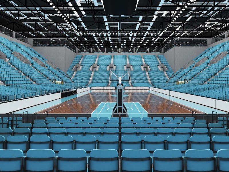 3D render of beautiful sports arena for basketball with floodlights and sky blue seats and VIP boxes for ten thousand people. 3D render of beautiful sports arena for basketball with floodlights and sky blue seats and VIP boxes for ten thousand people