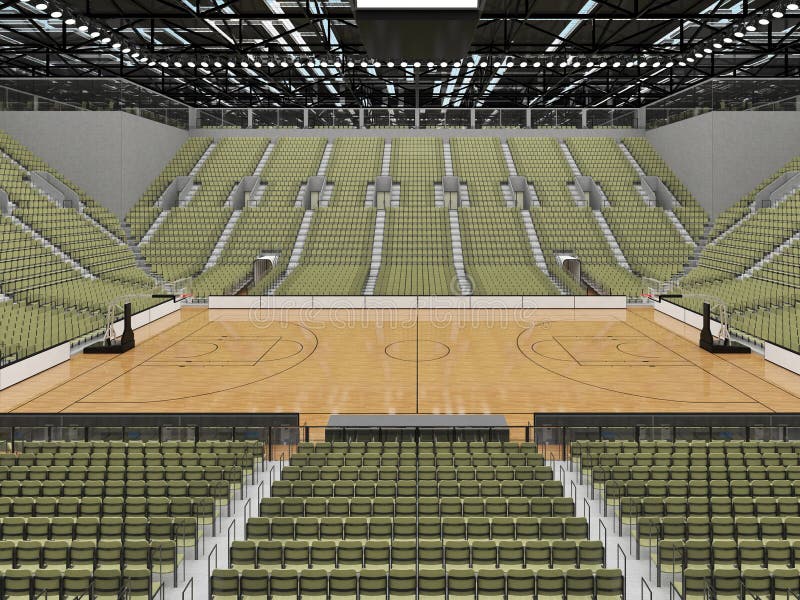 3D render of beautiful sports arena for basketball with floodlights and olive green gray seats and VIP boxes for ten thousand people. 3D render of beautiful sports arena for basketball with floodlights and olive green gray seats and VIP boxes for ten thousand people