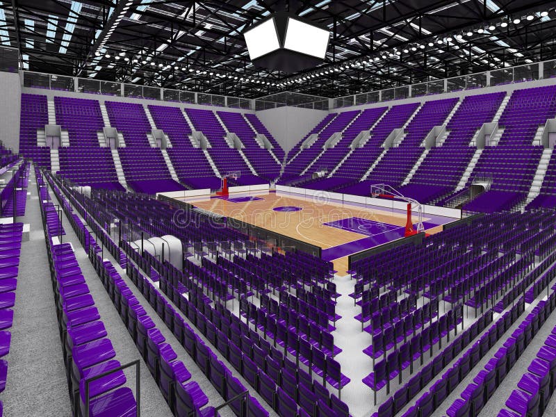 3D render of beautiful sports arena for basketball with floodlights and purple seats and VIP boxes for ten thousand people. 3D render of beautiful sports arena for basketball with floodlights and purple seats and VIP boxes for ten thousand people