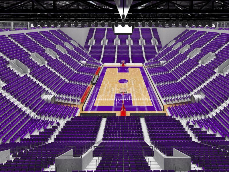 3D render of beautiful sports arena for basketball with floodlights and purple seats and VIP boxes for ten thousand people. 3D render of beautiful sports arena for basketball with floodlights and purple seats and VIP boxes for ten thousand people