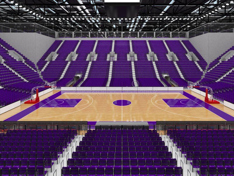 3D render of beautiful sports arena for basketball with floodlights and purple seats and VIP boxes for ten thousand people. 3D render of beautiful sports arena for basketball with floodlights and purple seats and VIP boxes for ten thousand people